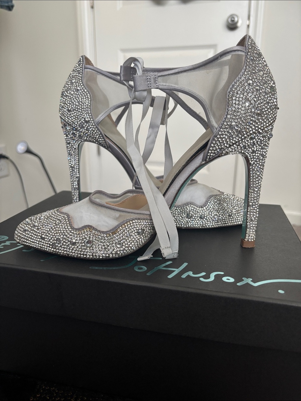 Betsey Johnson Silver Crystal Mesh Scalloped Pointed Heels with Ankle Tie